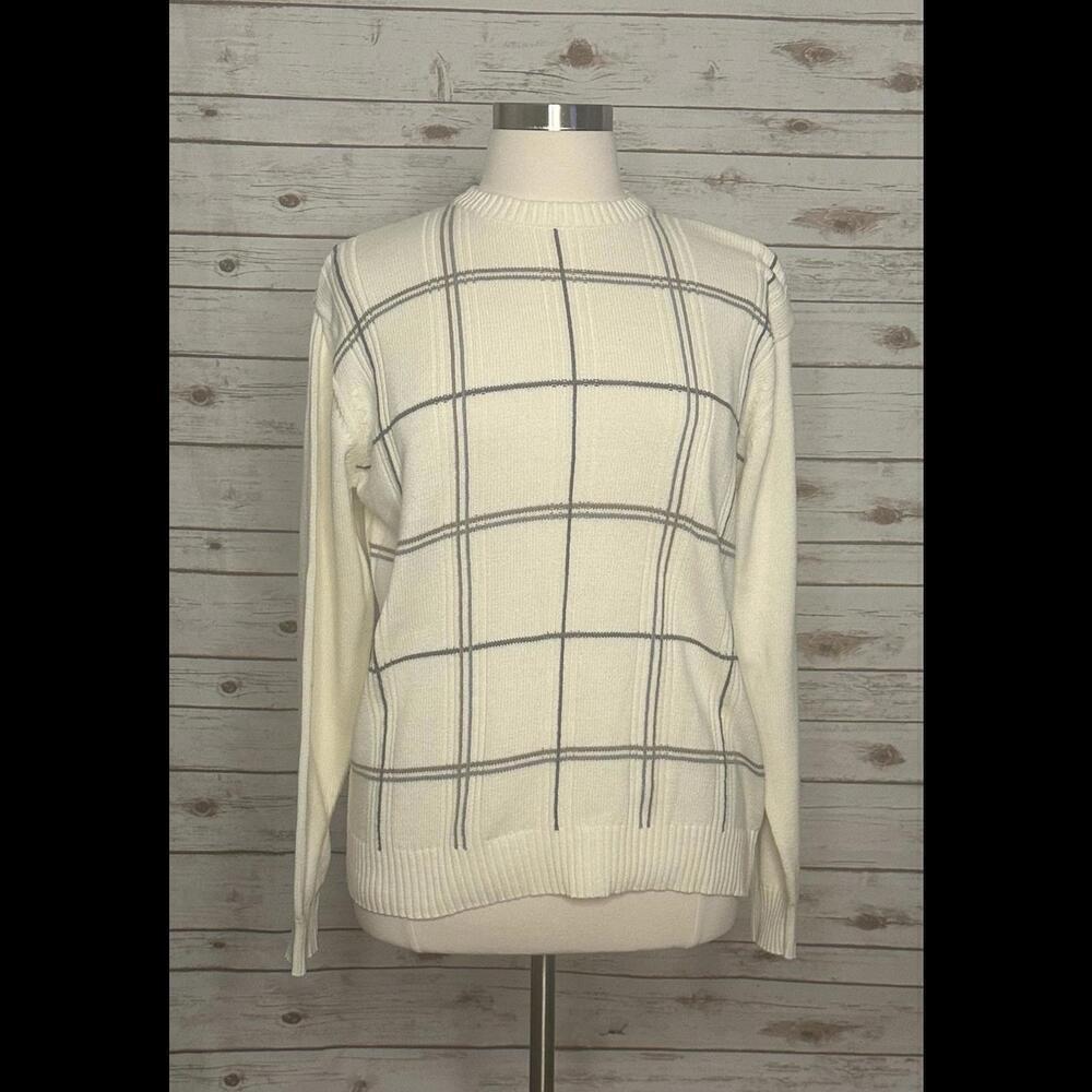 Vintage Oscar De La Renta classic cream/silver plaid cotton sweater Size XL